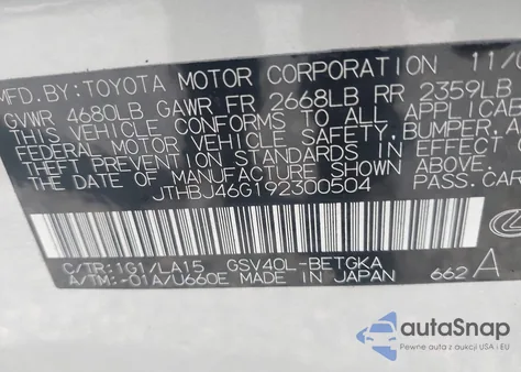 2009 Lexus Es 350 z USA, uszkodzony, nr VIN JTHBJ46G192300504